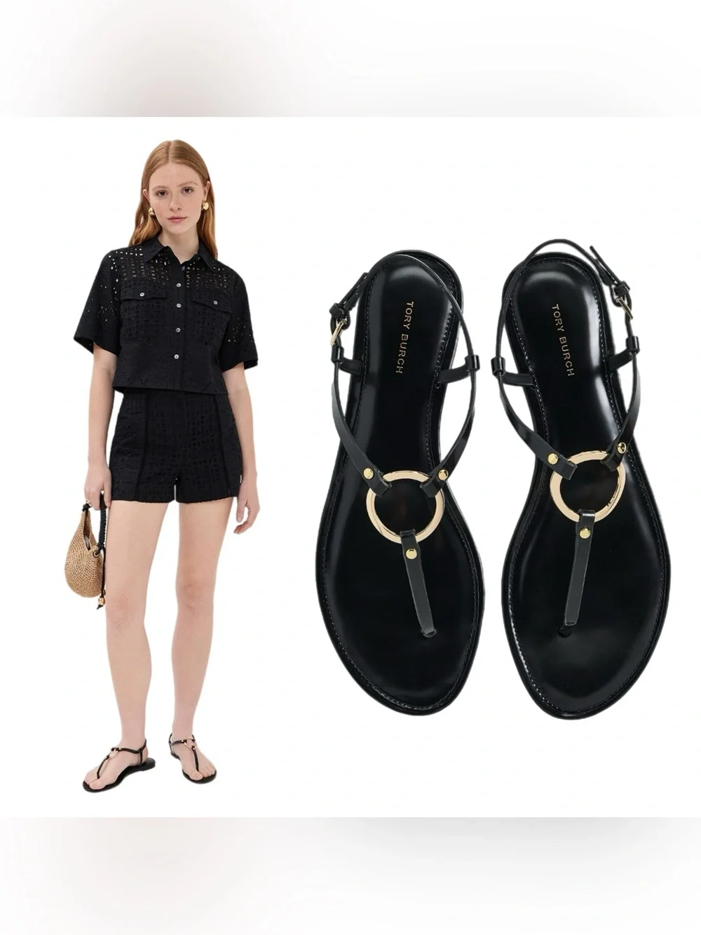 Tory Burch Ring T-Strap Sandal Black/Gold Size 7.5 Like New